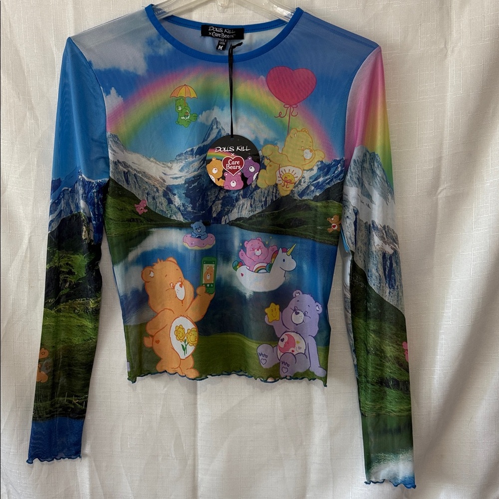 Dolls Kill Blue Mesh Top with Bear and Rainbow Print